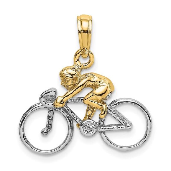 10K Yellow Gold W/ Rhodium 3-D Bicycle With Rider Charm